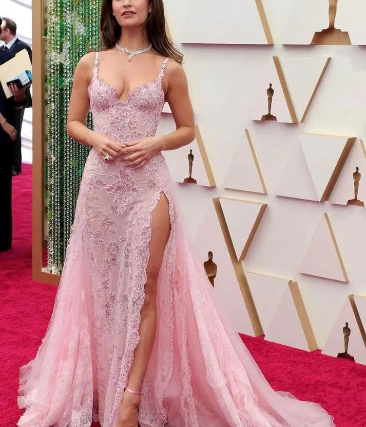 Vintage Pink Lace Sweetheart Prom Dress Long Evening Dress A-Line High Slit Formal Dress TP4589