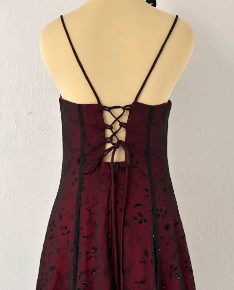 Vintage Burgundy Beaded Prom Dress Long Embroidery Evening Dress A-Line Spaghetti Strap Formal Dress TP4587