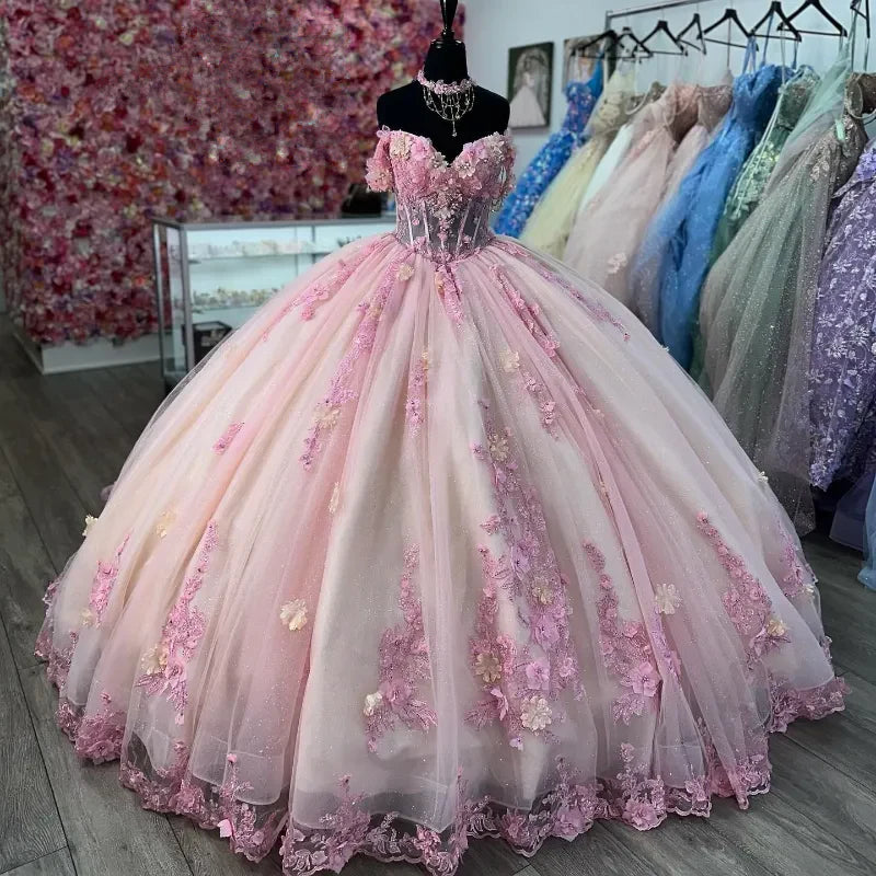 Gorgeous Pink Sweetheart Applique Beaded Sweet 16 Quinceanera A-Line Tulle Floor-length Prom Dress Birthday Dress Evening Dress Ball Gown TP4407
