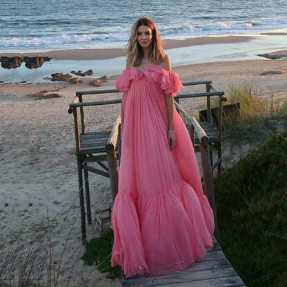 Vintage Pink Off-the-shoulder Prom Dress Long Pleated Evening Dress Formal Dress TP4574