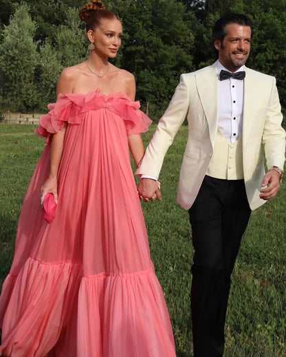 Vintage Pink Off-the-shoulder Prom Dress Long Pleated Evening Dress Formal Dress TP4574