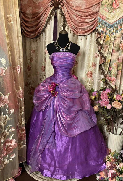 Vintage Purple Satin 3D Flower Beaded A-Line Strapless Quinceañera Ball Gown TP5170
