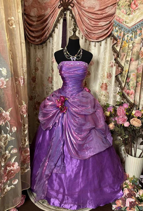 Vintage Purple Satin 3D Flower Beaded A-Line Strapless Quinceañera Ball Gown TP5170