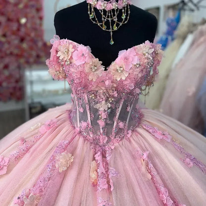 Gorgeous Pink Sweetheart Applique Beaded Sweet 16 Quinceanera A-Line Tulle Floor-length Prom Dress Birthday Dress Evening Dress Ball Gown TP4407