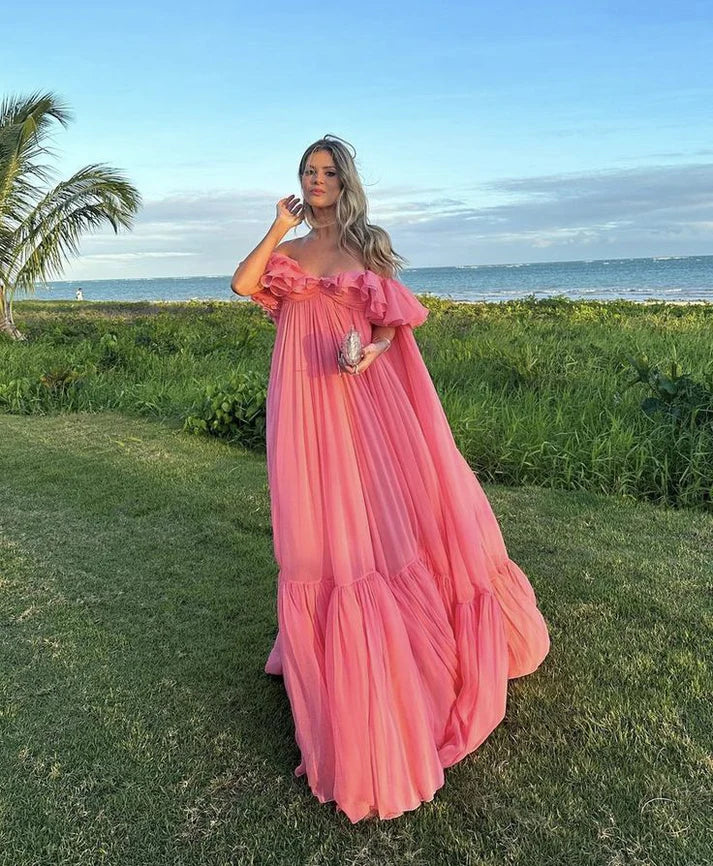 Vintage Pink Off-the-shoulder Prom Dress Long Pleated Evening Dress Formal Dress TP4574