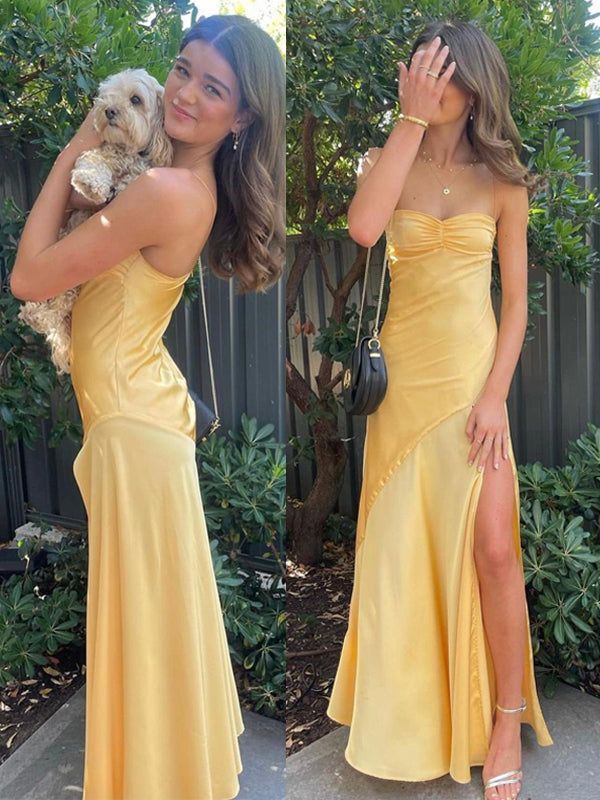 Vintage Satin Spaghetti Strap Mermaid High-slit Long Prom Dress Party Dress Evening Dress TP4400