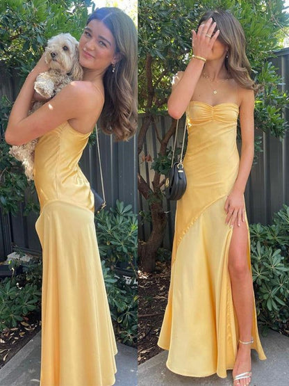 Vintage Satin Spaghetti Strap Mermaid High-slit Long Prom Dress Party Dress Evening Dress TP4400