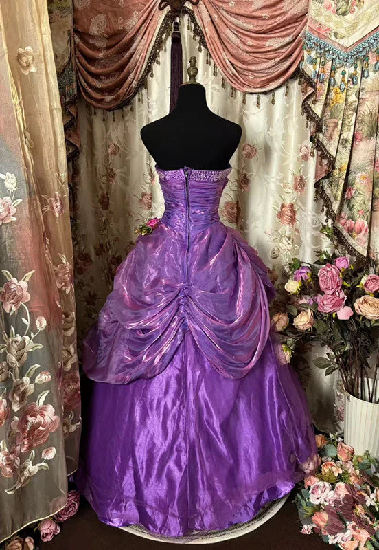 Vintage Purple Satin 3D Flower Beaded A-Line Strapless Quinceañera Ball Gown TP5170