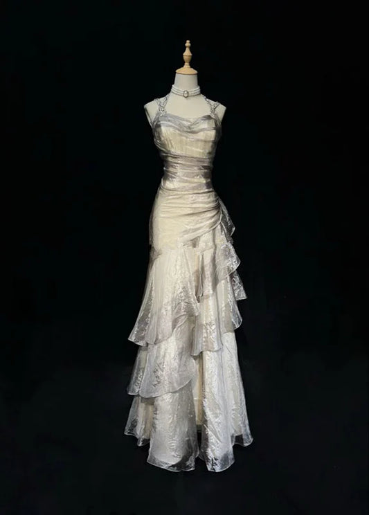 Vintage Silvery A-Line Prom Dress Long Ruffle Evening Dress Spaghetti Strap Tiered Formal Dress TP4584