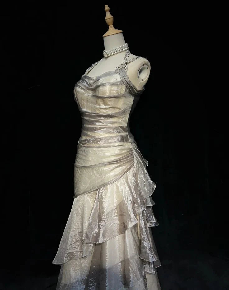 Vintage Silvery A-Line Prom Dress Long Ruffle Evening Dress Spaghetti Strap Tiered Formal Dress TP4584