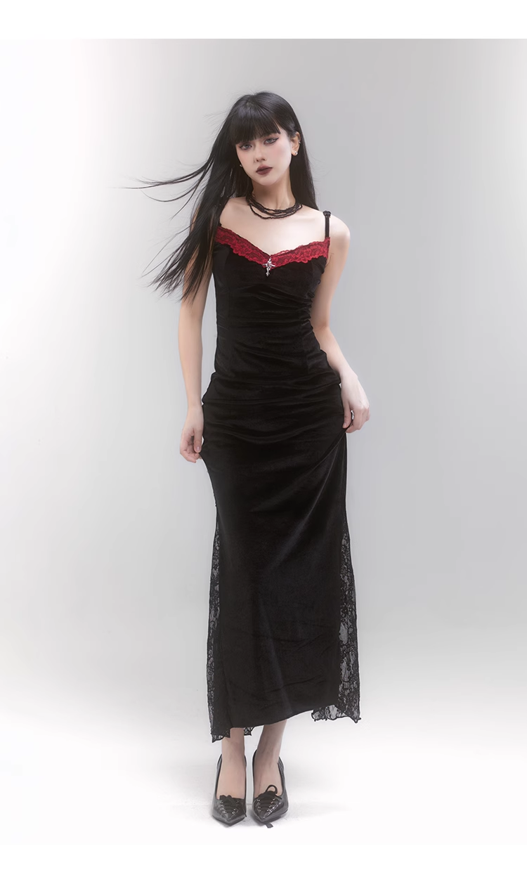 Simple Fashion Black Velvet Red Lace Spaghetti Strap Dress TP2956