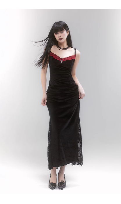 Simple Fashion Black Velvet Red Lace Spaghetti Strap Dress TP2956