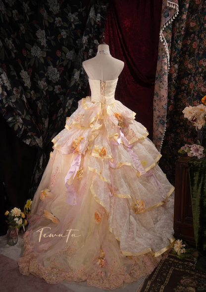 Vintage-Inspired Cream & Pink Tiered Strapless Beaded Floral Appliqués Ball Gown TP5796