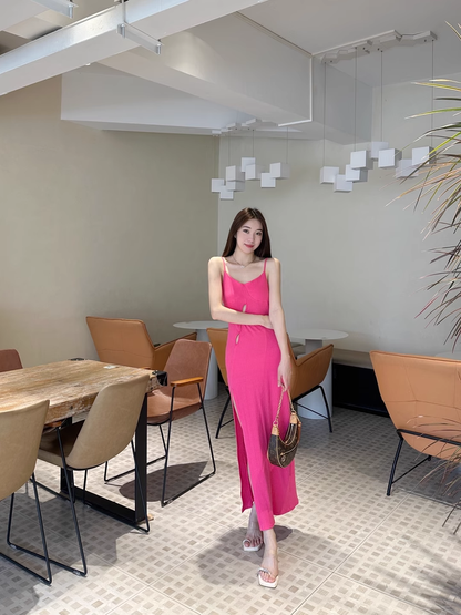 New Fashion Casual Rose Pink Sleeveless Halter Dress TP2976