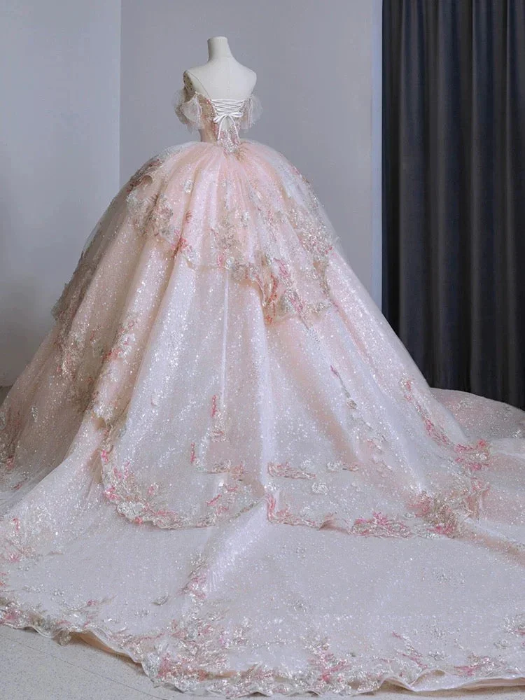 Vintage Pink Glittering Beaded Sweetheart Tulle Sweet 16 Quinceanera A-Line Off-the-shoulder Evening Dress Long Ball Gown TP4989
