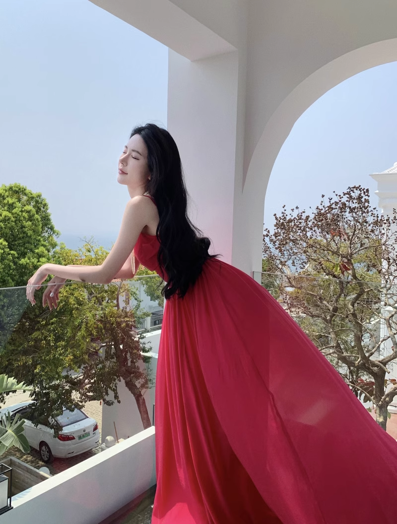 New Elegant Stylish Rose Red High-waisted Spaghetti Strap Dress TP2990