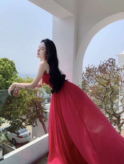 New Elegant Stylish Rose Red High-waisted Spaghetti Strap Dress TP2990