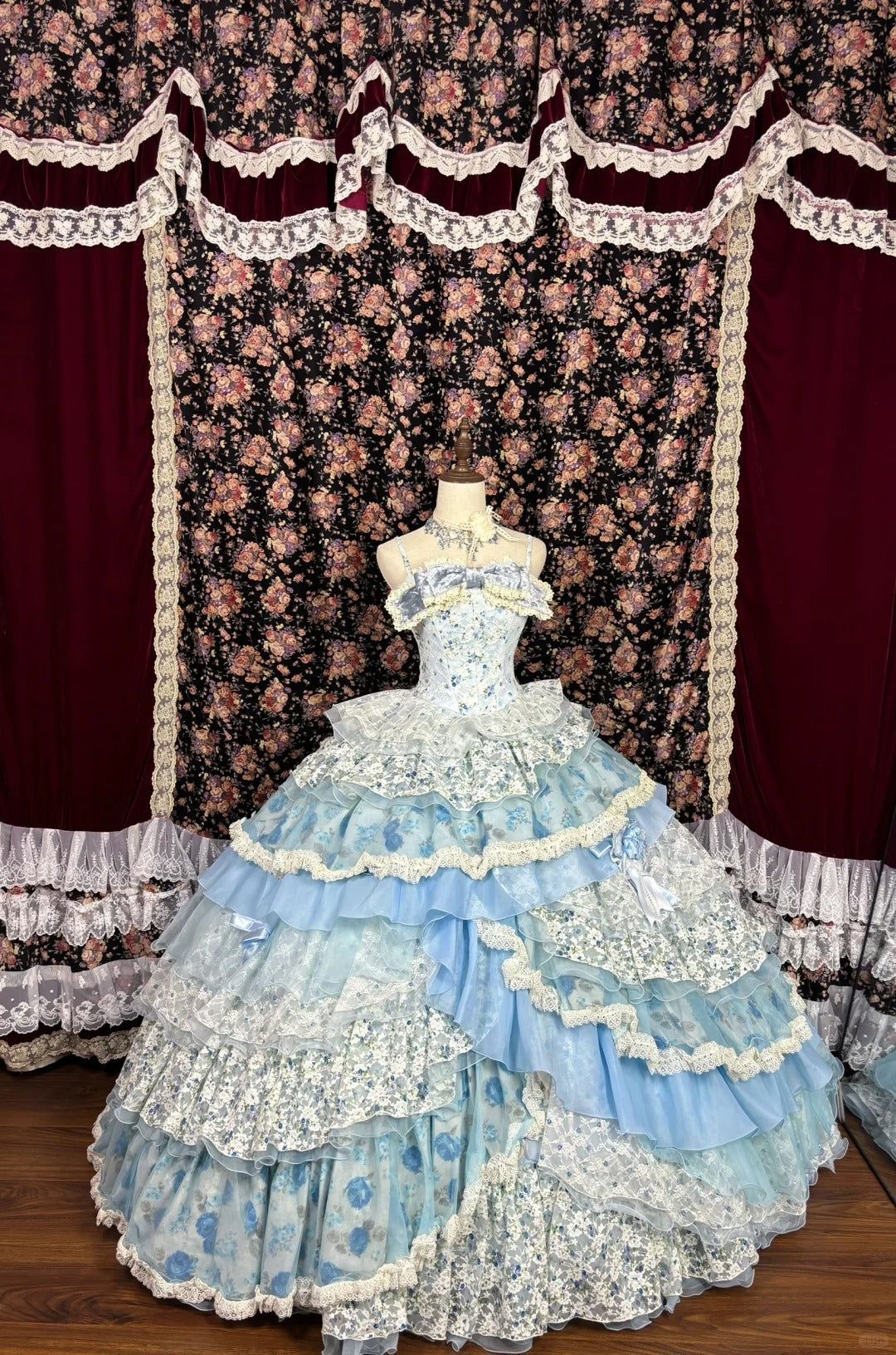 Vintage-inspired Pastel Blue Floral Lace Layered Lolita Ruffled A-Line Ball Gown TP5106