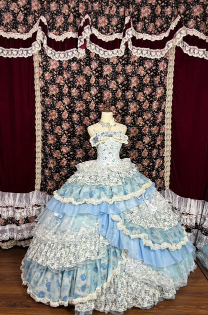 Vintage-inspired Pastel Blue Floral Lace Layered Lolita Ruffled A-Line Ball Gown TP5106