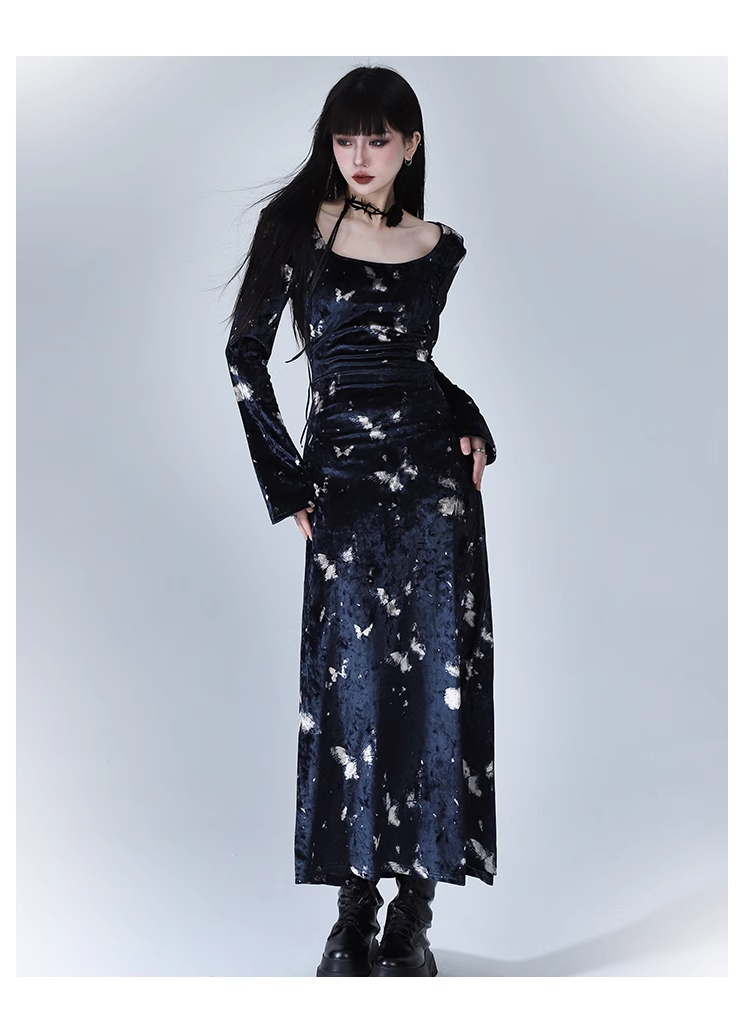 New Fashion Butterfly Pattern Design Sense Navy Blue Long-sleeved Dress TP2939