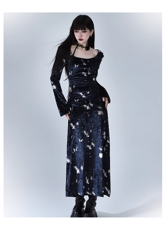 New Fashion Butterfly Pattern Design Sense Navy Blue Long-sleeved Dress TP2939
