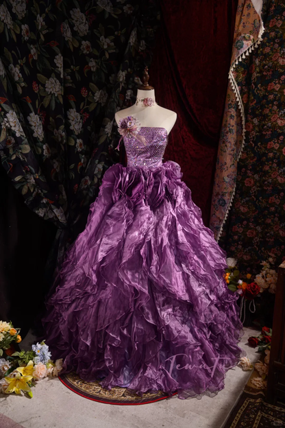 Vintage-Inspired Purple Sequin Strapless A-Line Floral Embellished Strapless Ruffled Ball Gown TP5111