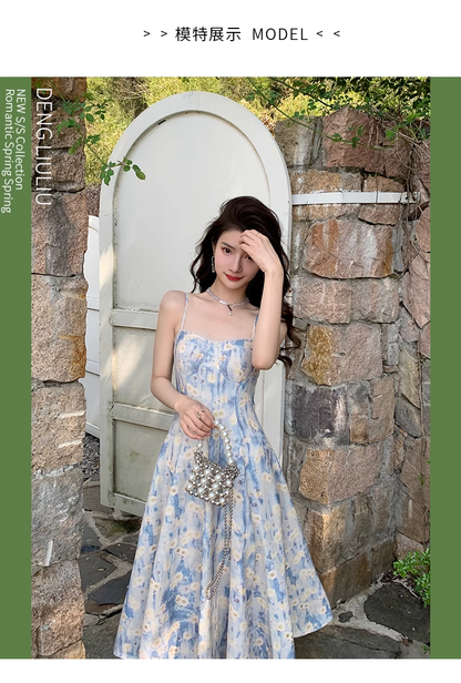Design Sense Blue Painting Long Dress Holiday Beach Floral Spaghetti Strap Dress TP2960