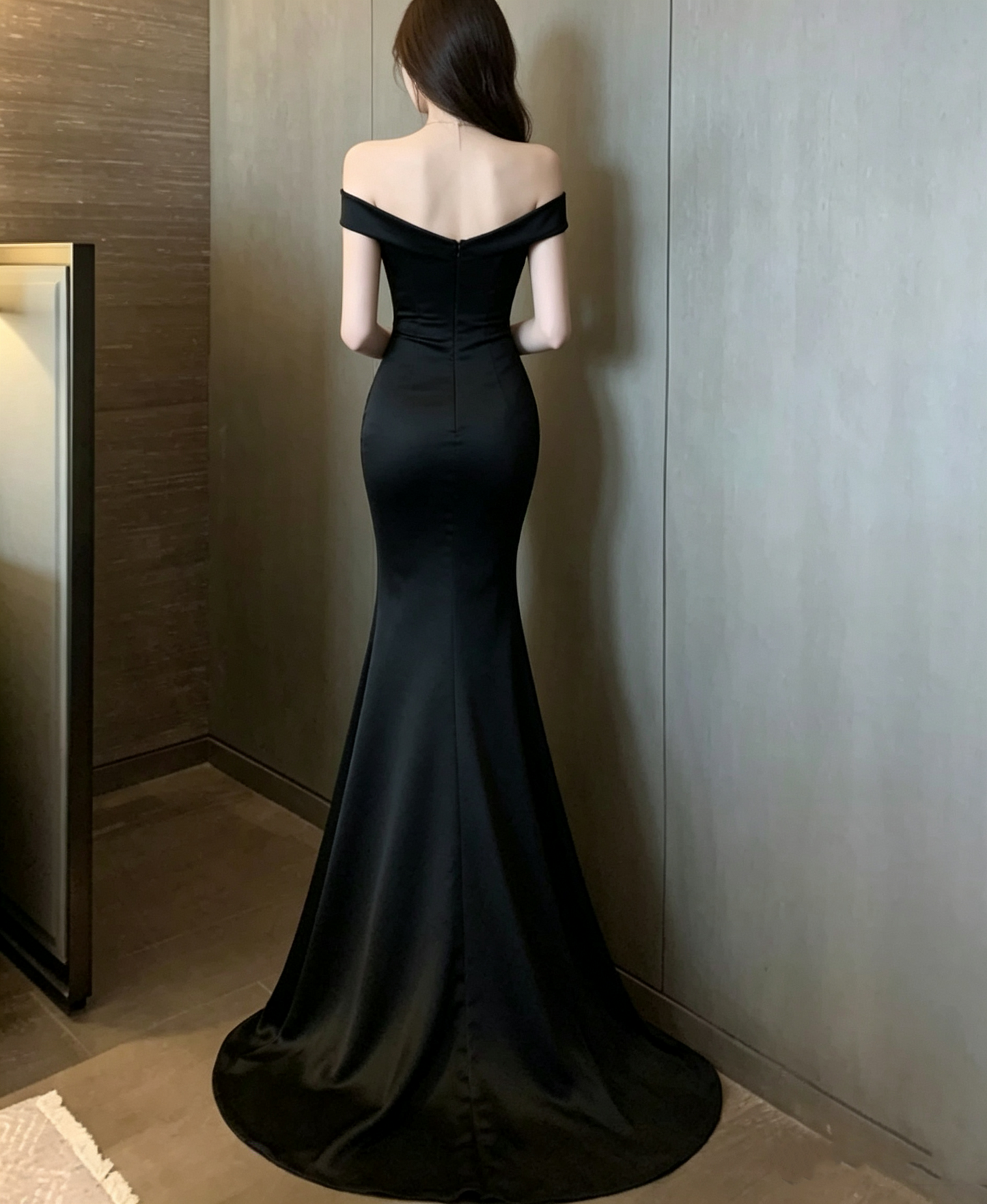 Elegant Black Off-the-Shoulder Mermaid V‑Neck Satin Long Prom Dress TP6109