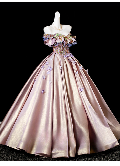 Vintage Pink Sequin Satin A-Line 3D Flowers Off-the-shoulder Long Quinceanera Ball Gown TP5213