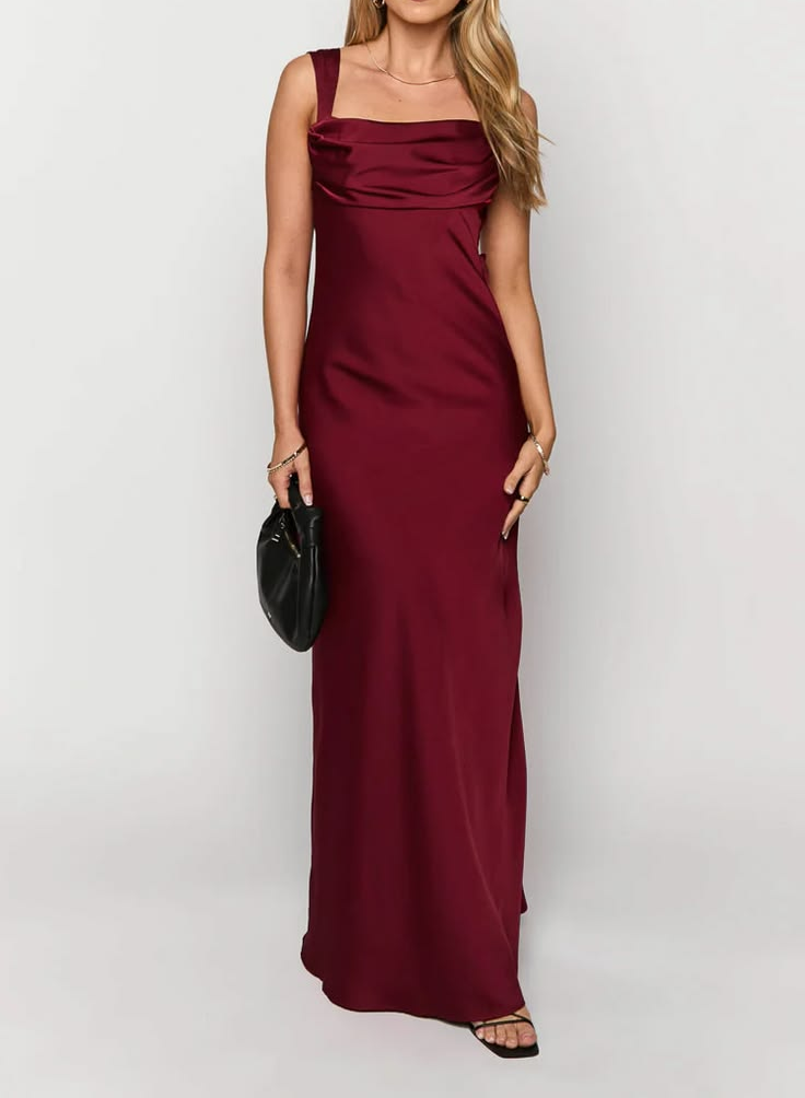 Gorgeous Burgundy Satin Square Neck Cowl Neck Straps Evening Dress TP5812