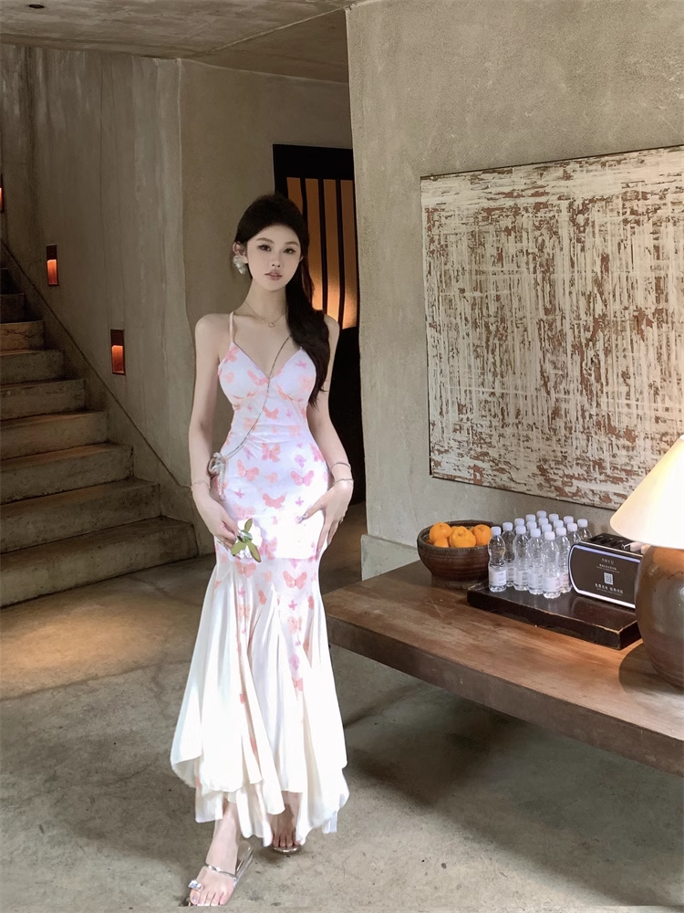 New Stylish Women Pink Butterfly Mermaid Spaghetti Strap Dress TP2966