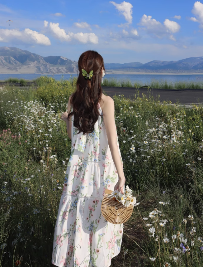 Simple Fashion Flora Design Beach Holiday A-line Halter Dress TP3366