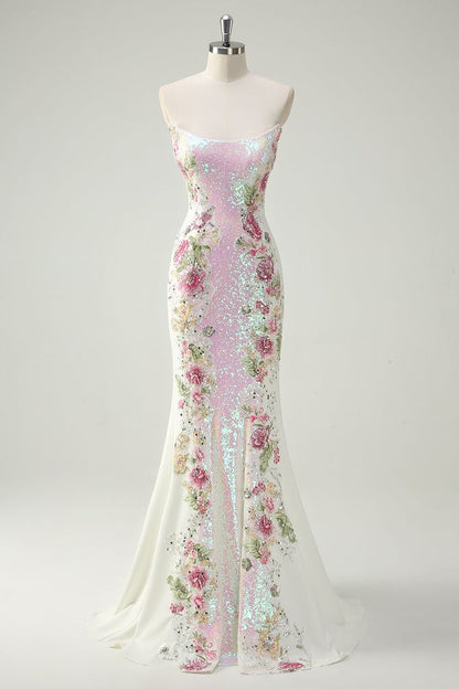 Elegant Pink Floral Sequin Mermaid Evening Gown Strapless Prom Dress TP5626