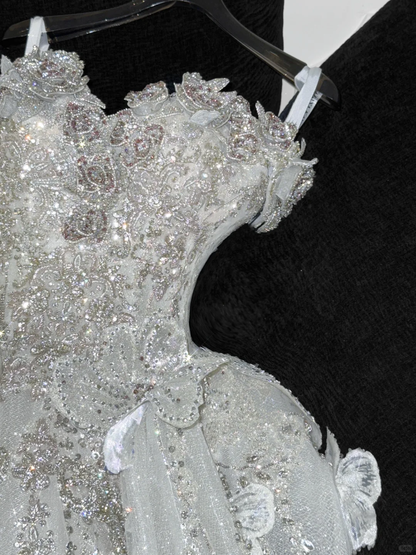 Gorgeous Shiny Beaded White Sweetheart Tulle Sequin Design Elegant A-Line Floor-length Wedding Dress TP4186