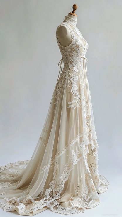 Vintage Ivory Round Neck Lace Sleeveless High-Low Train Wedding Dress TP2006
