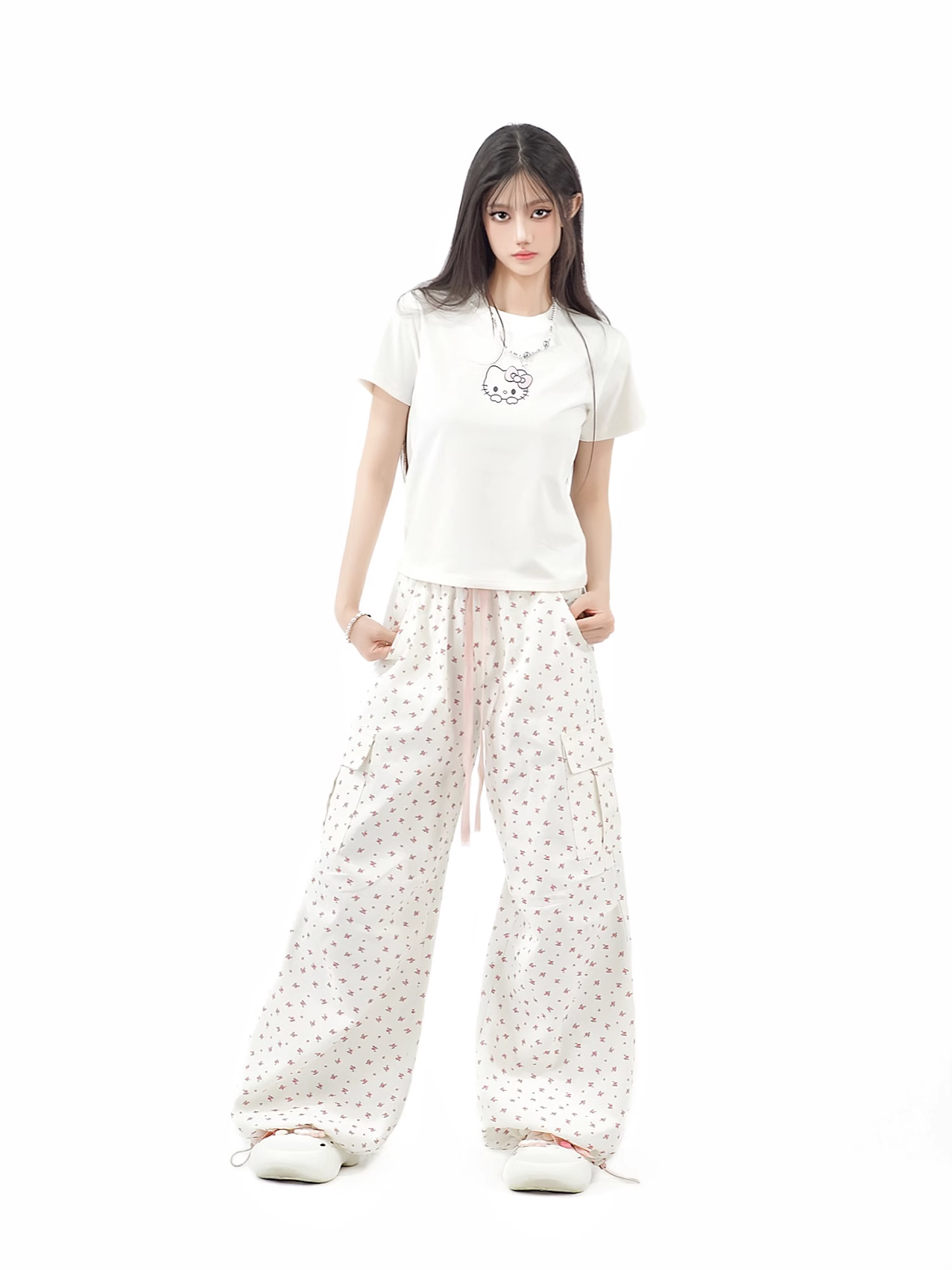 Simple Pink Floral Design Loose-fitting Elastic Waistband Long Casual Pants TP3217