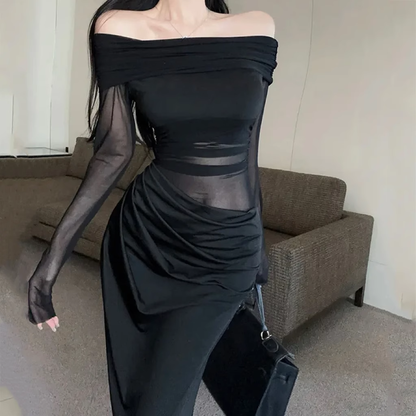 Simple Fashion Black Mesh Long-sleeved Dress TP2902