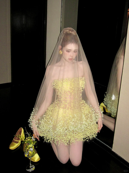 Fashion Yellow Sequined Strapless A-Line Veil Design Tulle Party Dress Homecoming Dress TP4237