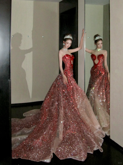 Vintage Gradient Red Sweetheart Strapless Mermaid Design Sexy Prom Dress Evening Dress TP4230