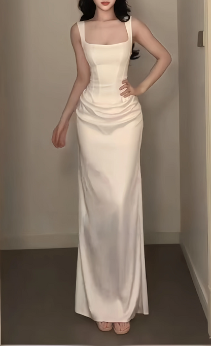 Vintage White Satin Square Neck Ruched Sheath Evening Gown TP6079