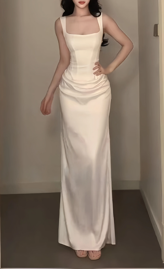Vintage White Satin Square Neck Ruched Sheath Evening Gown TP6079
