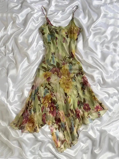 Vintage Floral Chiffon Spaghetti Strap Homecoming Dress Party Dress Cocktail Dress TP4682