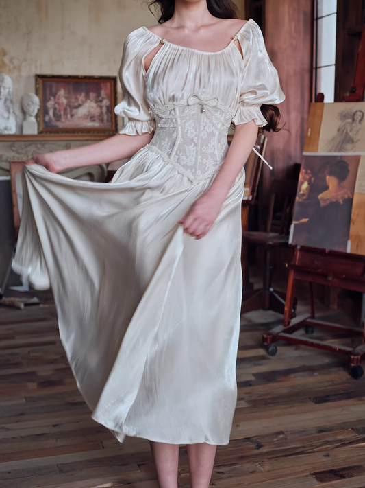 Vintage Cream Satin Midi Prom Dress Lace Corset & Puffed Sleeves Evening Gown TP5692