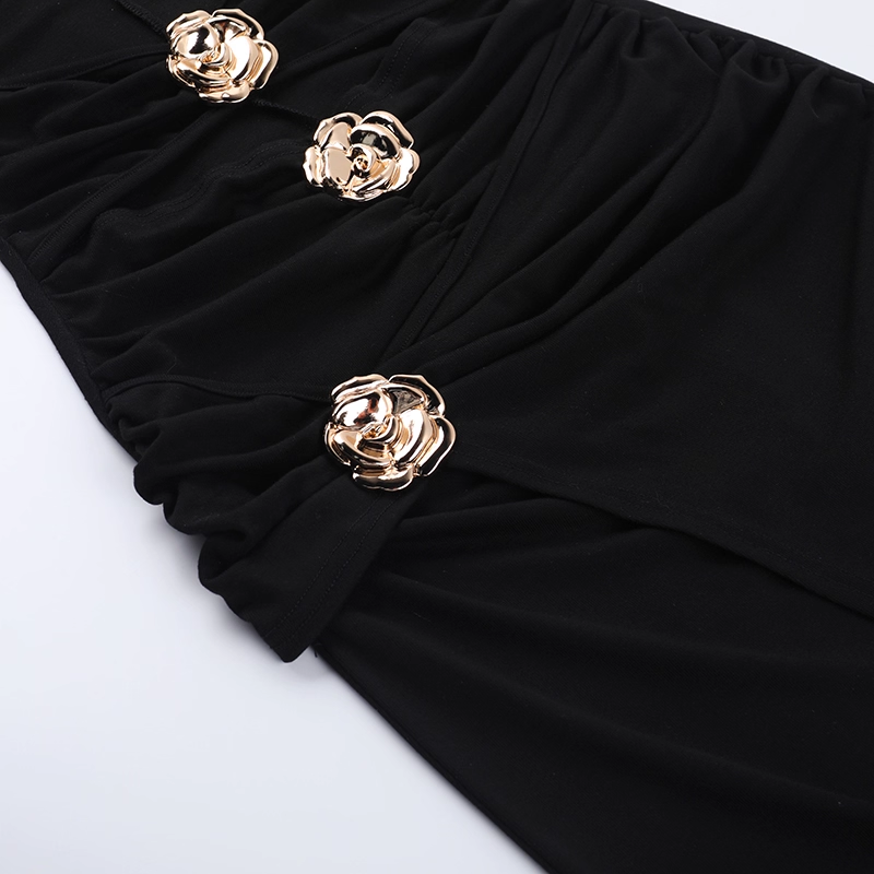 Elegant Black Halter-neck Rose Metal Button Prom Dress Sheath Evening Gown Party Dress Trailing Long Formal Dress TP4845