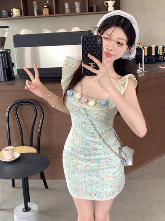 New Fashion 3D Flowers Design A-line Square Collar Floral Dress TP3422