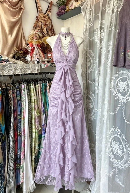 Charming Halter Deep V-Neck Ruffled Lace Ruched Evening Dress TP2013