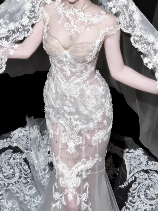 Elegant White Lace Beaded Applique Mermaid Cap Sleeve Long Wedding Dress TP5020