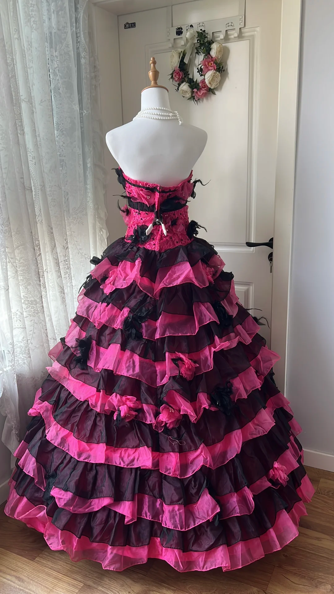 Glamorous Strapless Black & Hot Pink Tiered Rose Feather Applique Ball Gown TP5834