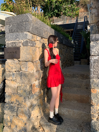 Vintage Red A-Line Tiered Homecoming Dress Party Dress Cocktail Dress TP4722