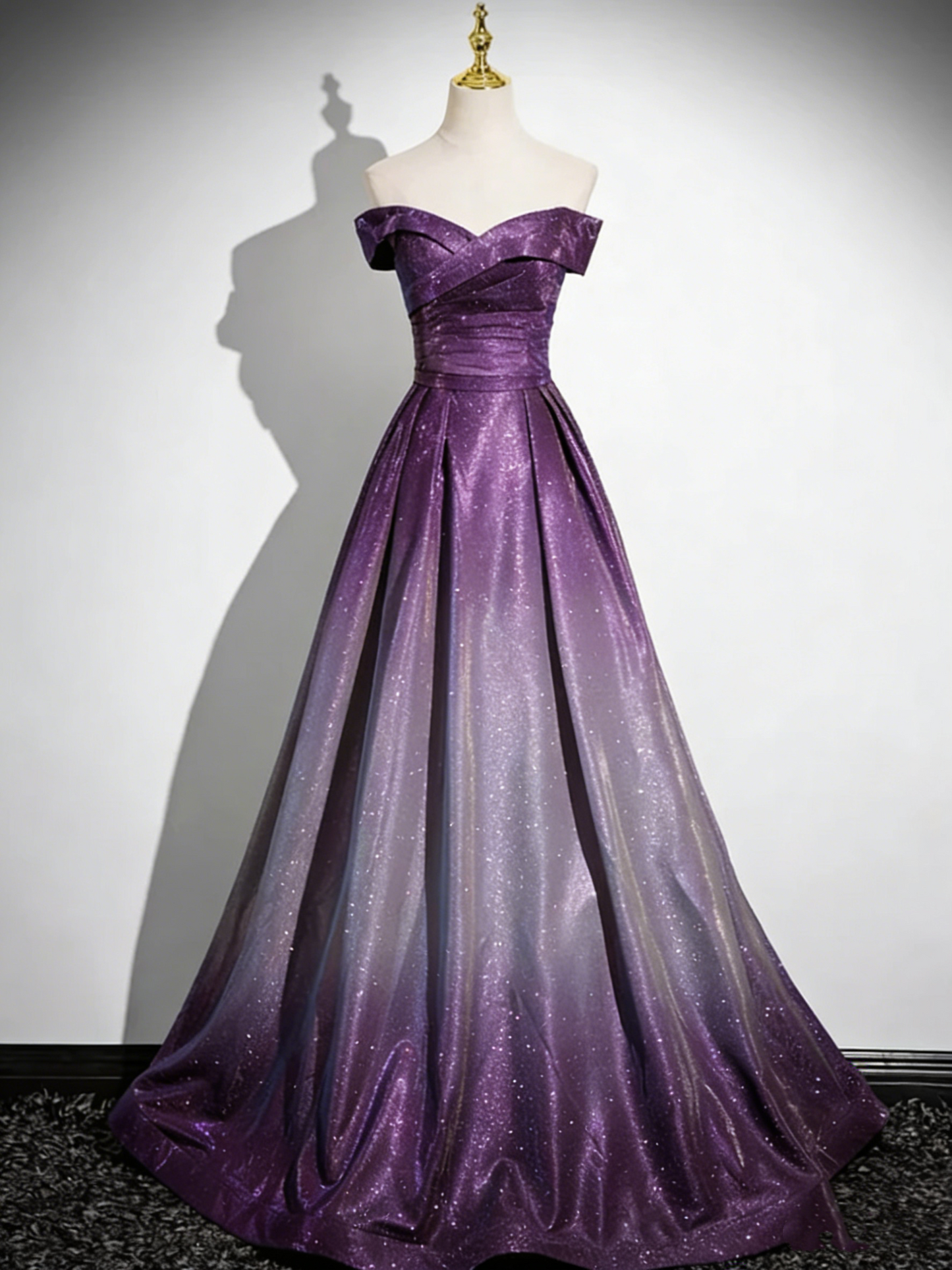 Glamorous Off-the-Shoulder A-Line Shimmering Iridescent Satin Formal Gown Ruched Prom Dress TP115